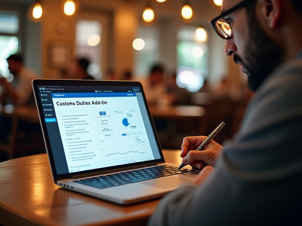 A close-up photo-realistic image of a laptop screen showcasing the feature set of the Customs Duties Add-On with highlighted sections. A person with glasses, of Middle-Eastern descent, takes notes, intrigued by the displayed features. The setting is a cozy corner of a bustling café, enhancing a sense of innovation and creativity paired with practical efficiency.